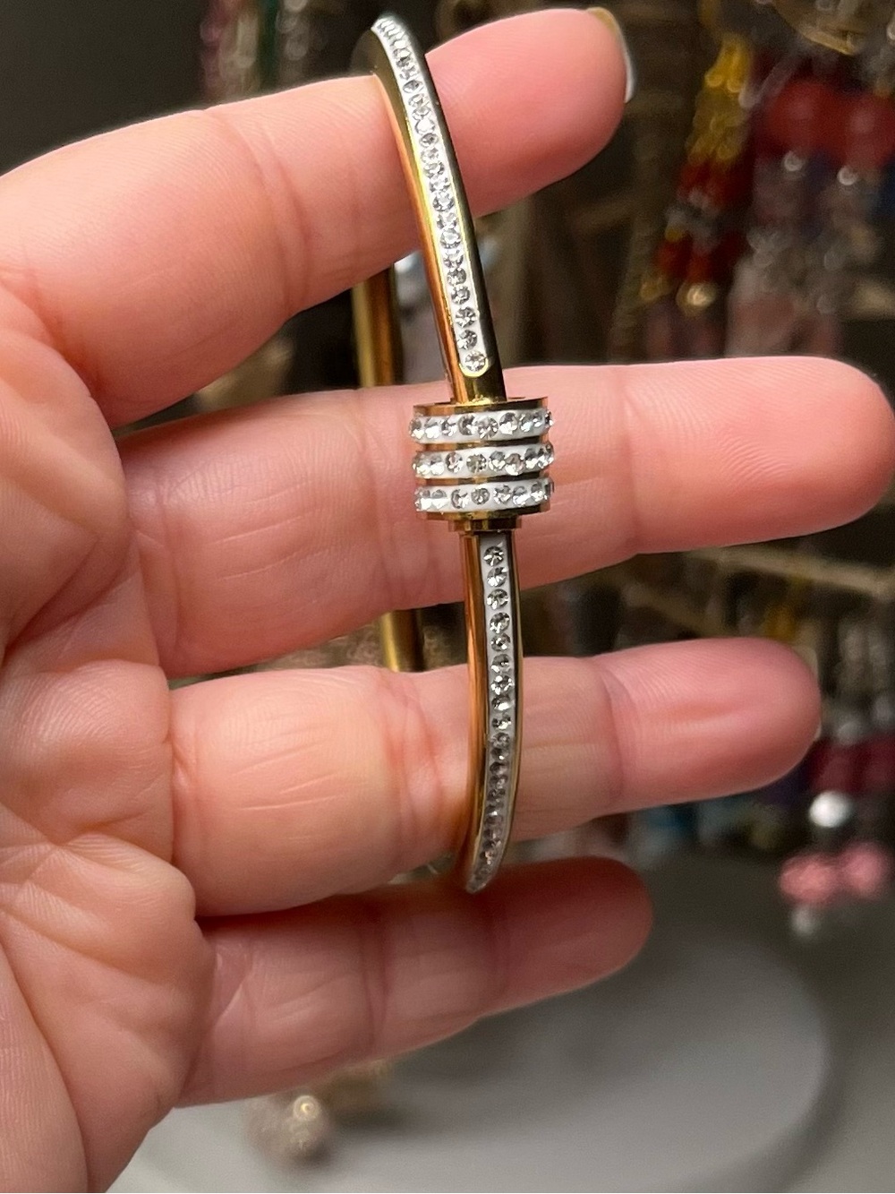 Gold Tone Rhinestone Screw-On Hinged Bracelet